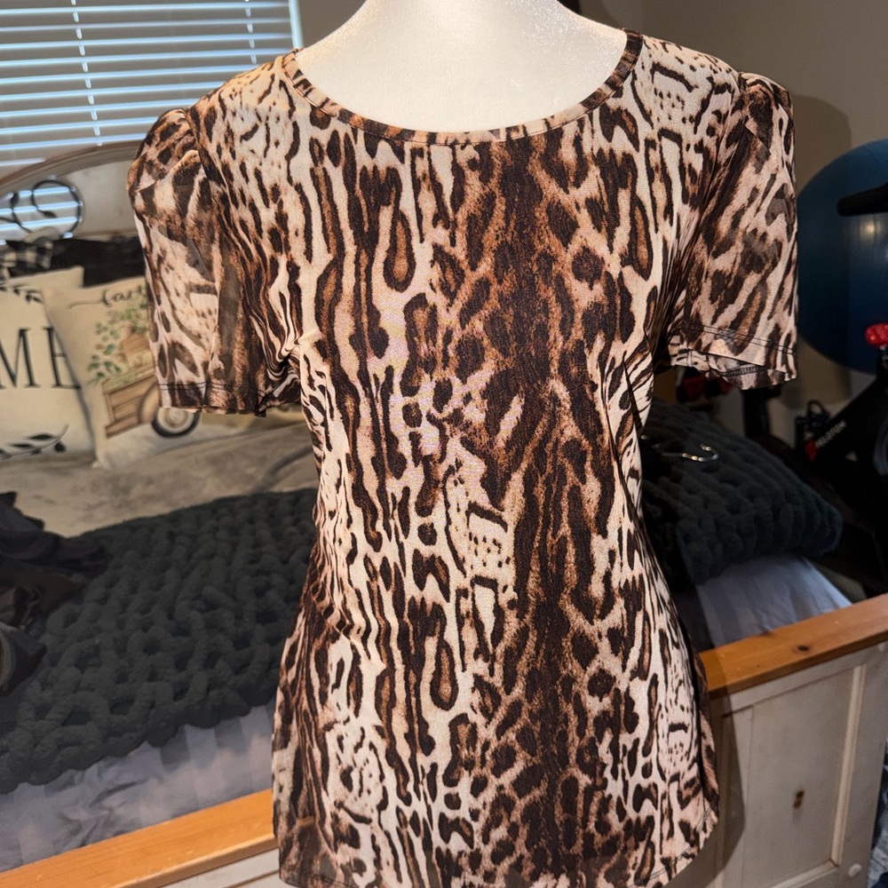 INC International Concepts Brown Animal Print Short Sleeve Top